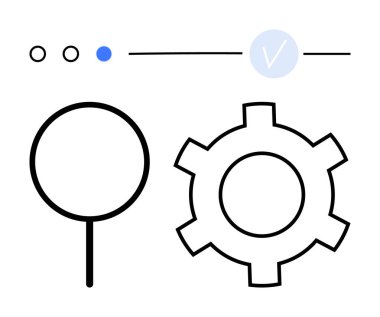 Büyüteç, vites simgesi, ilerleme çubuğu ve dairesel seçilim verimliliği, yapılandırmayı ve ilerlemeyi vurguluyor. Teknoloji, araştırma, veri optimizasyonu stratejisi için ideal iş akışı düzlüğü