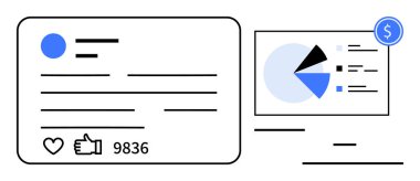 Pasta grafiği ve finansal verileri gösteren analizlerle birlikte sosyal medya paylaşımı. Sosyal medya stratejisi, analitik, pazarlama, içgörü, katılım, iş büyümesi için ideal, düz basit