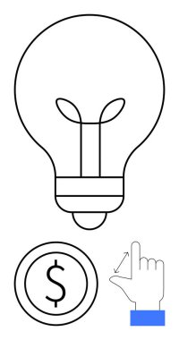 Fikirleri sembolize eden ampul, para ve finans için dolar işareti, ölçeklenebilirliği ve büyümeyi gösteren el işareti. Yenilik, girişimcilik, yatırım, ticaret, yaratıcılık, tasarruf stratejisi için ideal