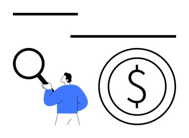 Kişi dev dolar işaretini büyüteçle inceler, finansal analizi ve keşfi sembolize eder. Finans, yatırım, iş stratejisi, ekonomik eğilimler, araştırma, bütçe, daire için ideal