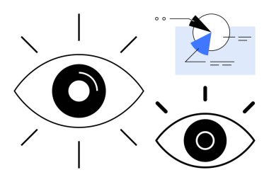 Geometrik pasta grafikleri ve şekillerle çevrili büyük ve küçük göz grafikleri. Görme, gözlem, analiz, odaklanma, veri, kesinlik, düz metafor için ideal