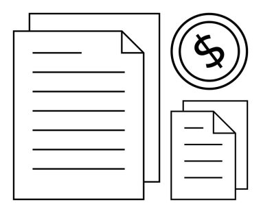 Dolar işareti çemberinin yanında mali kayıtları ve ekonomik detayları vurgulayan büyük ve küçük belgeler. Finans, planlama, analiz, muhasebe, bütçe, yönetim, ödeme için ideal. Düz