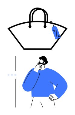 Fiyat etiketli el çantasının altında el pençe divan duran biri karar vermeyi sembolize ediyor. Alışveriş, tüketici davranışı, e-ticaret, bütçe, pazarlama, reklam, daire sade