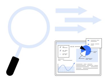 Gösterge panelinin yanında büyüteç, grafikler ve pasta grafiği. Mavi oklar ilerlemeyi gösteriyor. Veri analizi, araştırma, iş, büyüme, iş akışı için ideal basit bir iniş sayfası