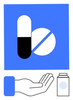 Kapsül, hap ve ilaç kutusuyla uzatılmış el hapları. Sağlık hizmetleri, eczane, reçeteler, tedavi, sağlık yardımı, hasta bakımı için ideal. Düz basit metafor