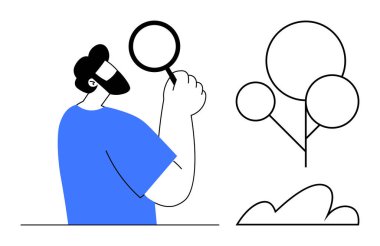 Büyüteç ve gözlem objesi tutan adam, arka planda soyut ağaç ve çalılık. Merak, gözlem, keşif, araştırma, bilim, doğa gelişimi için ideal. Düz basit metafor