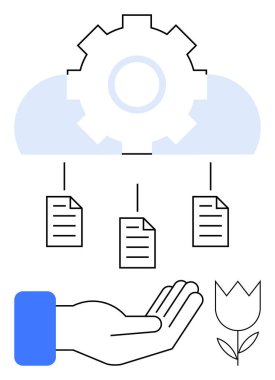 Belgelere bağlı bulutlu vites, aşağıdaki lale çiçeğiyle elini aç. Teknoloji, bulut hesaplama, veri paylaşımı, sürdürülebilirlik, modern iş, eko-teknoloji takım çalışması kavramları için idealdir. Düz basit