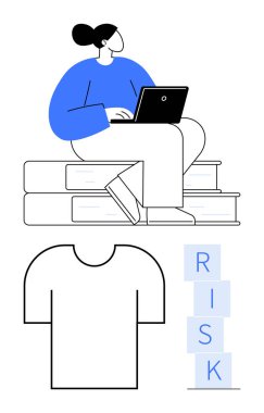 Dizüstü bilgisayarla dizilmiş kitapların üzerine oturan kadın, boş gömlek hatları ve dikey RISK blokları ile birlikte. Eğitim, karar verme, strateji, risk yönetimi, büyüme, yaratıcılık, soyut çizgi
