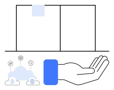 Bir belge işaretinin altında güvenlik, bağlantılar ve arama simgelerine sahip dijital bulut elementlerini destekleyen bir avuç aç. Veri paylaşımı, dosya yönetimi, bulut depolama, hizmet desteği, dijital için ideal