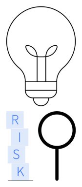Ampul fikirleri iletir, R-I-S-K blokları zorlukları temsil eder ve büyüteç değerlendirmeyi önerir. Strateji, yaratıcılık, problem çözme, analiz ve karar verme için ideal