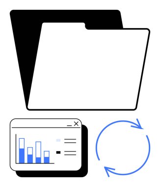 Dosya dizini, pencere arayüzündeki bar tablosu, veri güncellemelerini gösteren dairesel ok. Organizasyon, iş akışı, analitik, bilgi işleme, sistem güncellemeleri dosya paylaşım yeniliği için idealdir. Düz