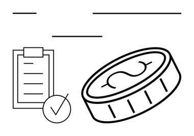 Minimalist çizgi sanatında büyük bir madeni paranın yanında kontrol listesi olan bir pano. Finans, bütçe, tasarruf, yatırım, iş planlaması, muhasebe, vergilendirme, soyut çizgi düz metaforu için ideal