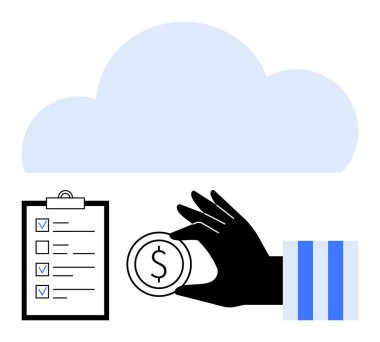 El ele tutuşan para, kontrol listesi panosu ve finansal planlamayı ve görev yönetimini sembolize eden bulut. Fintech, bulut hizmetleri, organizasyon, tasarruflar, iş planlaması, verimlilik bütçesi için ideal