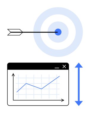 Ok tam on ikiden vuruyor, pencerede büyüme çizelgesi ve ölçeklenebilirlik için çift ok. Başarı, hassasiyet, büyüme, analitik, strateji ve performans ölçeği için ideal. Düz basit metafor