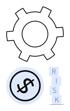 Gear diyagramı süreç optimizasyonunu simgeler, dolar işareti finansal meselelerle ilişkilidir, RISK blokları istiflenmiştir denge yaratır. İş, strateji, finans, planlama, risk analizi ve yönetim için ideal
