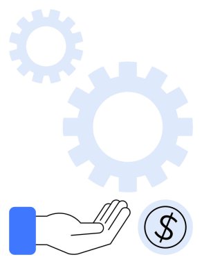 Açık el açık mavi vites tekerlekleri ve bir dolar işareti takım çalışmasını, finansal büyümeyi ve stratejiyi simgeliyor. İş, üretim, yenilik, işbirliği, verimlilik takım çalışması için ideal