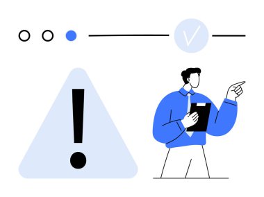 İşadamı pano tutuyor, kontrol listesi ilerlemesine işaret ediyor, yanında büyük uyarı ünlem üçgeni var. Üretim, sorumluluk, öncelik, dikkat, iş akışı için ideal süre