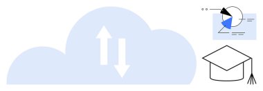 Veri transferi okları, analitik çizelgesi ve mezuniyet şapkası olan bir bulut. Eğitim, öğrenme, teknoloji, çevrimiçi kurslar, bilgi paylaşımı dijital dönüşüm için ideal. Düz basit metafor