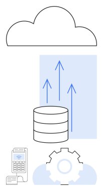 Bulut ve veri tabanında veri transferini gösteren oklar, otomasyon için teçhizat, işlem için ödeme terminali. Teknoloji, finans, bulut depolama, veri büyümesi, otomasyon, geliştirme için ideal