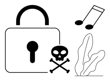 Kilit güvenliği simgeler, kafatası tehlikeyi uyarır, müzik notaları sesi betimler ve yapraklar organik temas ekler. Gizlilik, kısıtlama, telif hakkı, korsanlık, içerik kontrolü dijital haklar dairesi için ideal