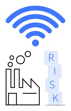 Kablosuz ikon endüstriyel taşıma sinyali veriyor, minimalist fabrika kabarcıklar yayıyor, risk blokları. İOT, siber güvenlik, imalat güvenliği, teknoloji bağımlılığı, risk analizi, veri koruması soyut