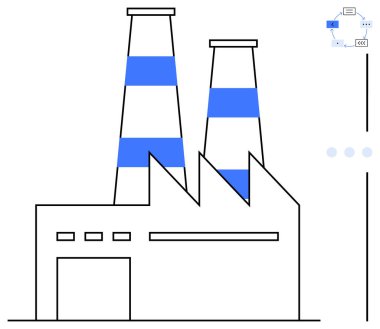 İki mavi çizgili bacası ve geometrik tasarımı olan fabrika binası. Sanayi, üretim, teknoloji, imalat, enerji, sürdürülebilirlik ve yenilik için idealdir. Düz basit metafor