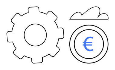 Teknoloji için vites, sanal veri depolama için bulut ve finans için avro parası. Yenilik için ideal, fintech, dijital dönüşüm, ekonomi, bulut çözümleri, otomasyon düz metaforu
