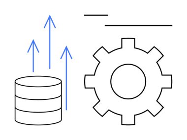 Yukarı doğru mavi oklar ve dişli veri yığını optimizasyonu, büyümeyi ve teknoloji süreçlerini sembolize ediyor. Yenilik, strateji, üretkenlik, analitik, ilerleme yazılımı ekip çalışması için idealdir. Düz