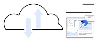 Analitik gösterge panelinin yanında okları yükleyip indiren bulut grafikler, çizelgeler ve dosyalar. Bulut hesaplama, veri yönetimi, analitik, raporlar, bilişim, teknoloji sade iniş için ideal