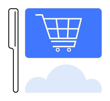 Mavi bir blokta alışveriş arabası, stilize bulutlar ve dikey çizgilerle çevrili. Çevrimiçi alışveriş, bulut hesaplama, e-ticaret, teknoloji, perakende satış, yenilik veri depolama için ideal. Düz basit