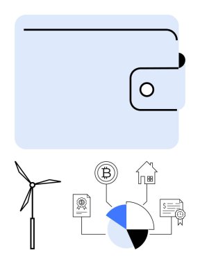 İçinde rüzgar enerjisi, kripto para, gayrimenkul, sertifikalar ve pasta grafiği olan büyük bir cüzdan var. Finans, yatırım, yenilenebilir enerji, ekolojik bilinçli karar varlıkları için ideal