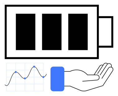 Enerji seviyelerini gösteren pil simgesi, performans eğilimlerini gösteren dalga grafiği ve sunumu veya enerji transferini sembolize eden açık el. Enerji, sürdürülebilirlik, teknoloji, ilerleme ve analitik için ideal