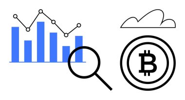 Bar çizelgesi ve çizgi grafiği büyüteç, bitcoin ve bulut ile inceleniyor. Kripto para birimi, finans, veri trendleri, piyasa araştırmaları, dijital para birimi, blok zinciri fintech kavramları için idealdir. Düz