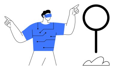 VR kulaklık takan, elleri ve elektronik desenli gömleği olan büyüteç yanında duran bir adam. Teknoloji, yenilik, araştırma, keşif, sanal gerçeklik, gelecek temalar için ideal