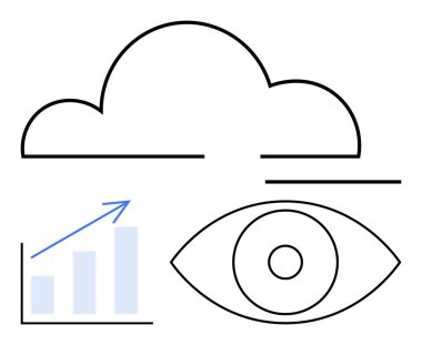 Yukarıdaki istatistiksel çizelgenin üzerinde bulut çizgisi yukarı doğru ok ve kavrayış için soyut açık göz. Veri, analitik, bulut depolama, büyüme, güvenlik, vizyon ve teknoloji için ideal. Düz basit metafor