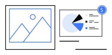 Etiketli verileri, fotoğraf tutacağı ve dolar sembolü olan minimalist pasta grafiği. İş, analitik, pazarlama, finans, veri görselleştirme için idealdir, düz basit metafor raporlar