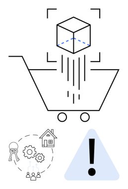İçinde 3 boyutlu nesne, ev, anahtar, vites, takım çalışması ve uyarı işareti olan alışveriş arabası. E-ticaret, lojistik teknolojisi, takım çalışması, emlak yeniliği uyarısı için idealdir. Düz basit metafor