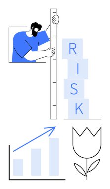 Yığılmış blokları değerlendirmek için cetvel kullanan kişi RISK, bir okla büyüme grafiği, büyümeyi temsil eden çiçek. Strateji, iş, ilerleme, analitik, fırsatlar, denge için ideal