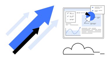 Yukarı çıkan oklar büyümeyi ve başarıyı simgeliyor, analitik gösterge paneli grafikler ve çizelgeler, bulut elementi. Büyüme, analitik, iş, ilerleme, strateji, yenilik için ideal basit bir iniş sayfası
