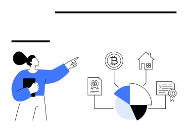 Kadın, kripto para, gayrimenkul, sertifikalar ve pasta çizelgesi bölümü de dahil olmak üzere birbiriyle bağlantılı finansal kavramlara işaret ediyor. Finans, yatırım, kripto para birimi ve veri analizi için ideal