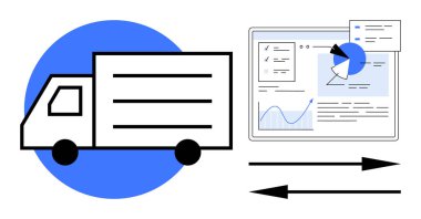 Analitik gösterge panelinin yanındaki nakliyatı sembolize eden kamyon, harita ve veri değiş tokuşu okları. Lojistik, nakliye, analitik, veri akışı, tedarik zinciri, dağıtım sistemleri, basit iniş sayfası için ideal