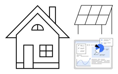 Ön camları, bacası, güneş paneli kurulumu ve analitik gösterge paneli olan bir ev. Sürdürülebilirlik için ideal, yenilenebilir enerji, yeşil teknoloji, çevreci yaşam, akıllı ev, veri güdümlü planlama basit