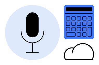 Mavi daireli bir mikrofon, koyu siyah ve mavi dizaynlı bir hesap makinesi ve bir bulut simgesi. Teknoloji, iletişim, veri analizi, bulut depolama, uzak çalışma, yenilik ve ağ oluşturma için ideal