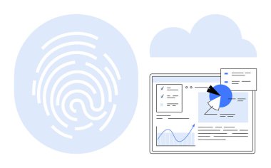 Bulut ve dijital veri panelinin yanında haritalar ve analizlerle parmak izi taraması. Siber güvenlik, veri koruması, kimlik doğrulama, bulut hesaplama, analitik, dijital platformlar için ideal