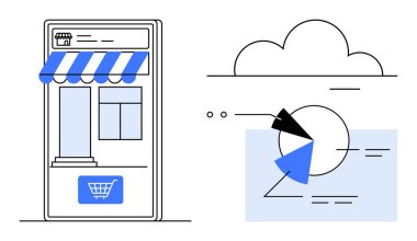 Veri analizi pasta grafiğine bağlı, tente ve alışveriş arabasıyla mobil mağaza önü. E-ticaret, çevrimiçi alışveriş, iş büyümesi, analitik, bulut verisi, strateji, düz basit