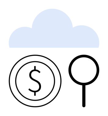 Bulut deposunu, veri aramasını, maliyet analizini, birikimleri, dijital hizmetleri sembolize eden bir bulutun altında büyüteç ve dolar para. İş, teknoloji, finans, yatırım bulutu hesaplaması için ideal