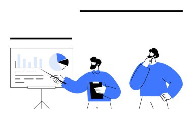 Teknede turta ve bar grafikleriyle sunum, verileri analiz eden iki kişi. Takım çalışması, iş stratejisi, mali planlama, veri analizi, kurumsal büyüme, eğitim için ideal