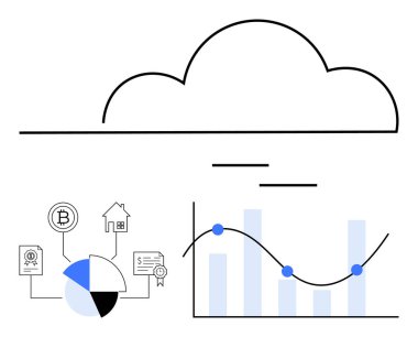 Finans simgelerinin üzerinde büyüme çizgisi, pasta grafiği ve kripto para birimi olan grafikler var. Fintech, yatırım, veri analizi, engelleme zinciri, dijital bankacılık, teknoloji yeniliği için ideal