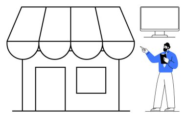 Taslak iş adamı elinde tableti, çizgili tente ve masaüstü monitörünün grafiğiyle mağaza vitrinini işaret ediyor. Perakende, pazarlama, e-ticaret, markalaşma, girişimcilik, reklam, dijital
