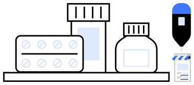 Şişeler, su toplayıcıları, damlalar ve küçük mağazalar. Sağlık, eczane, ilaç, online alışveriş e-ticaret ve teletıp için ideal. Düz basit metafor